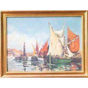 Lote siguiente: Pintura al óleo "Veleros" de Emiott, con marco dorado