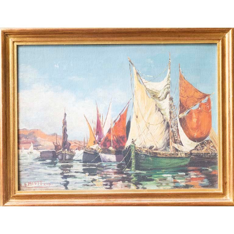 Pintura al óleo "Veleros" de Emiott, con marco dorado
