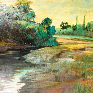 Cuadro al Óleo "Campo y Lago" con Marco de Madera - Firmado - imagen 3