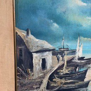 Pintura al óleo "Puerto de Noche" de Andrea Carusso Figari, 70x53cm - imagen 4