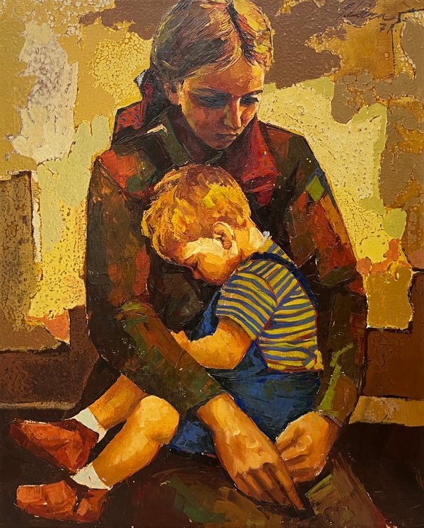 Óleo "Maternidad" de Ángel Tejera, 75 x 60 cm, 1971 - imagen 1