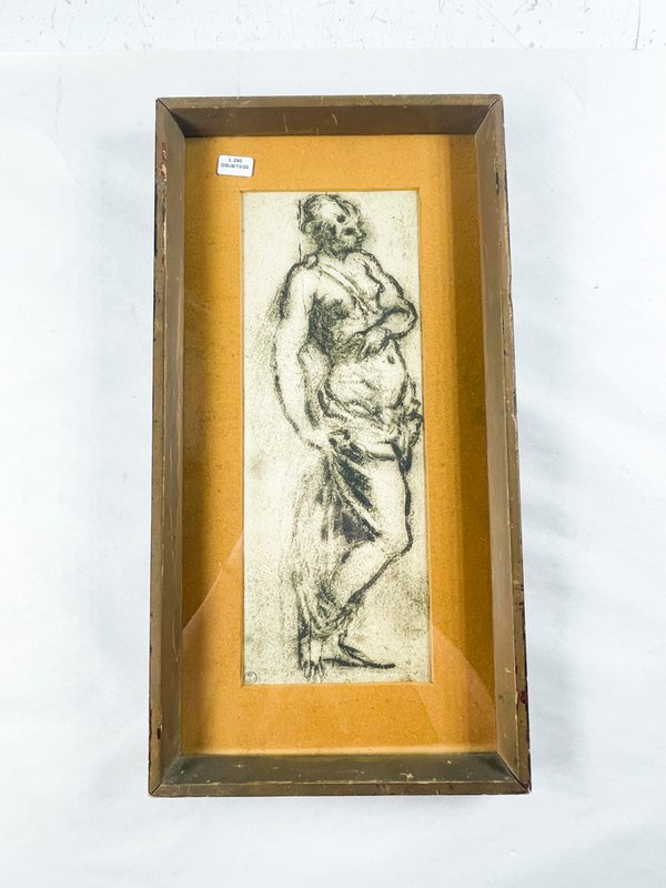 Cuadro a Crayón de Figura Humana, Marco Dorado 48x25 cm