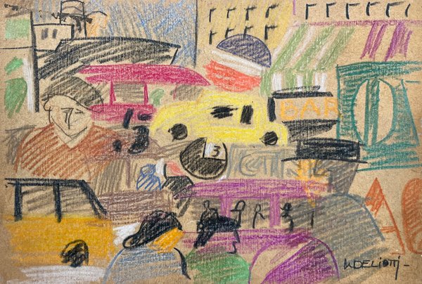 Dibujo "Escena de Ciudad" de Walter Deliotti, Lápiz Color sobre Cartón - imagen 1