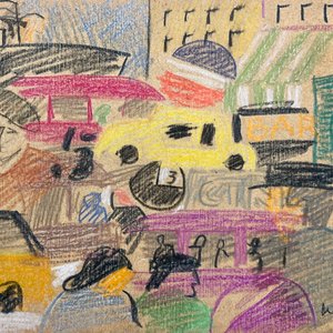 Lote siguiente: Dibujo "Escena de Ciudad" de Walter Deliotti, Lápiz Color sobre Cartón