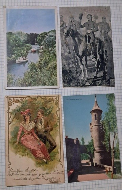Lote de 4 Postales Antiguas de Uruguay: Arroyo Rosario y Escenas Históricas