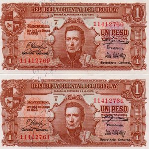 Lote de 2 Billetes Uruguayos de 1 Peso de 1939, Serie A, Sin Circular - imagen 2