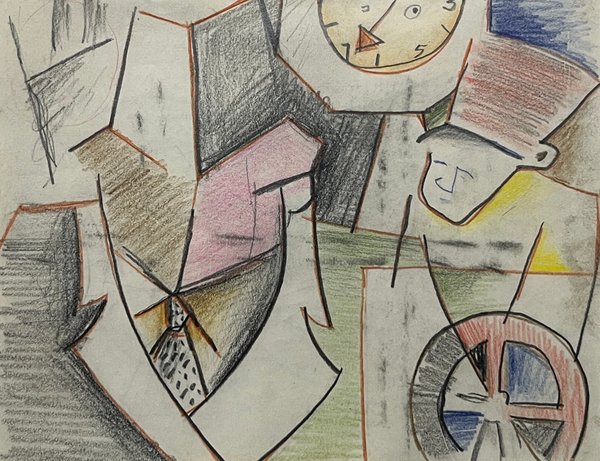 Composición con Personajes y Reloj de Walter Deliotti - Lápiz Graso - imagen 1