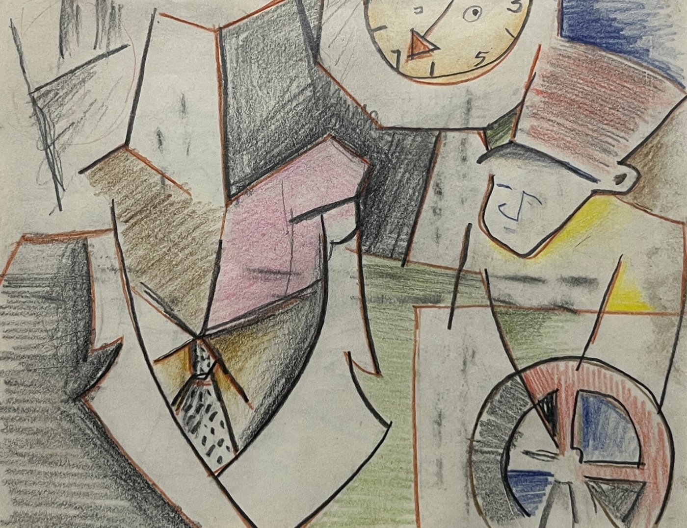 Composición con Personajes y Reloj de Walter Deliotti - Lápiz Graso