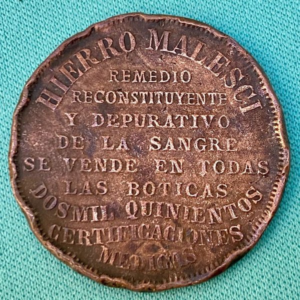 Medalla de cobre con publicidad del remedio Hierro Malesci - imagen 2