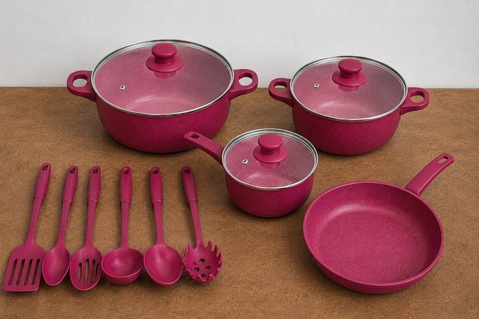 Juego de Batería de Cocina Esmaltada Roja 7 Piezas con Tapas de Vidrio y Utensilios
