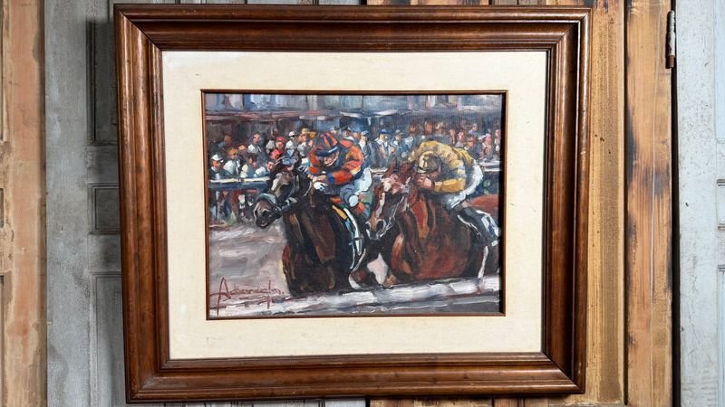 Óleo "Última Arremetida" de Gabriela Acevedo, Carreras de Caballos, 45x36cm