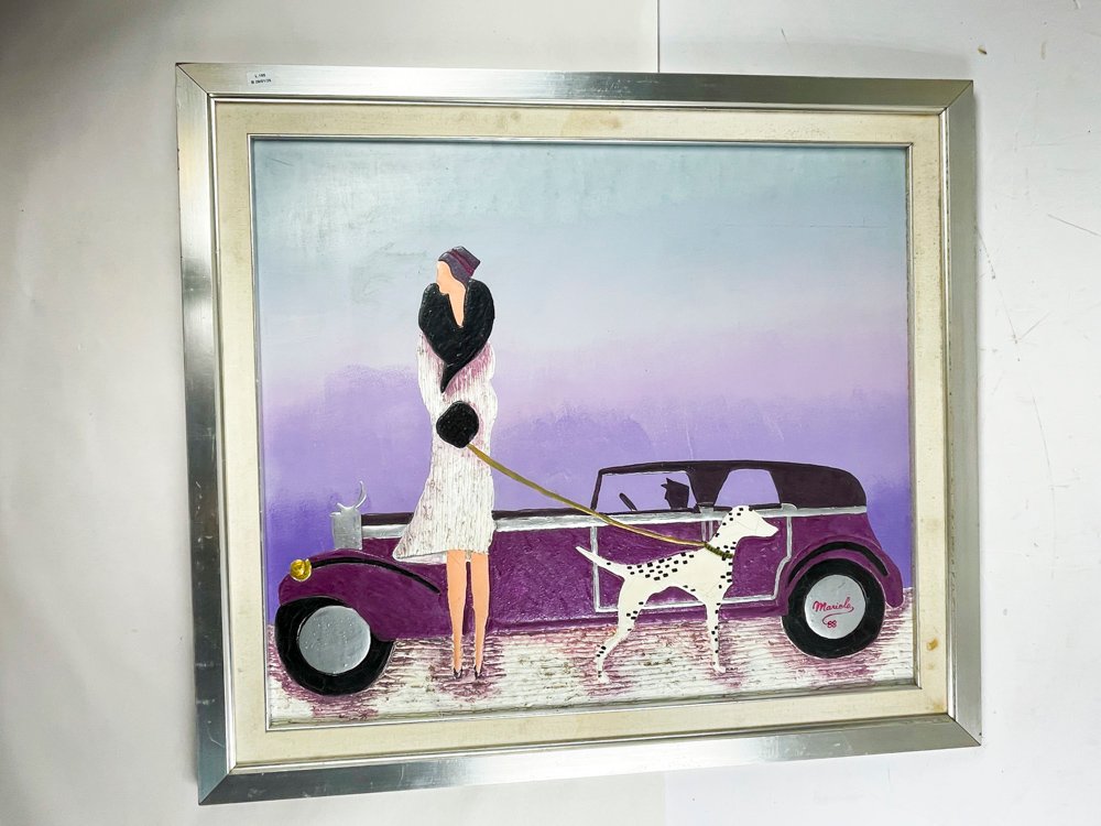 Lote siguiente: Pintura de mujer y perro con coche