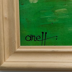 Pintura "Pueblito con Iglesia" de Liny Aneff, Acrílico sobre Fibra con Marco de Madera - imagen 3