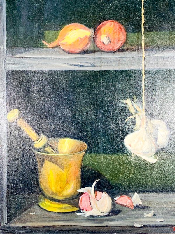 Pintura al óleo de Domingo Federico: Repisa con mortero, cebollas y ajos - imagen 3
