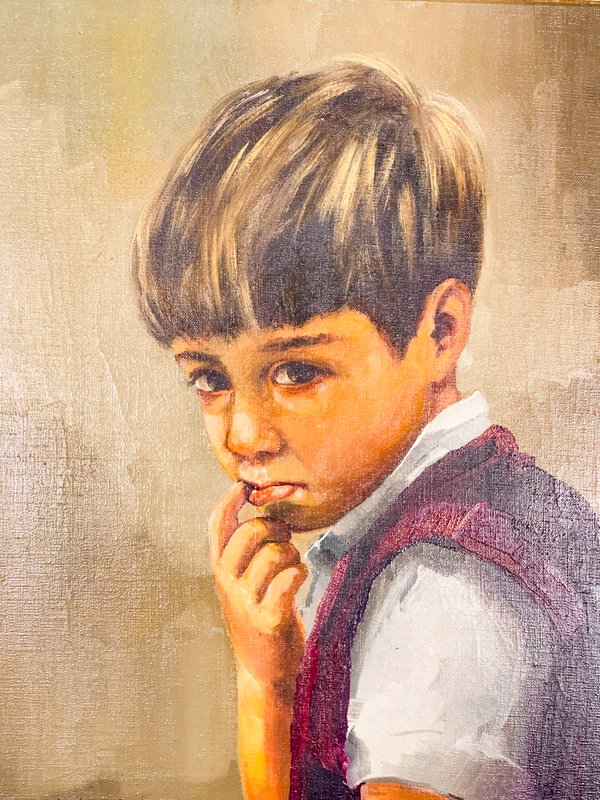 Pintura óleo sobre tela, niño con mano en la boca - imagen 3
