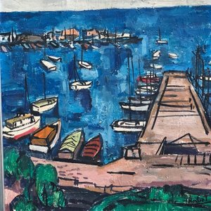 Óleo sobre lienzo "Escena de Puerto" de Jonio Montiel, con marco dorado - imagen 6
