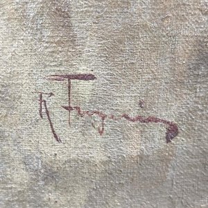 Óleo sobre lienzo firmado Raffaele Frigerio, retrato de hombre con boina y pipa - imagen 4