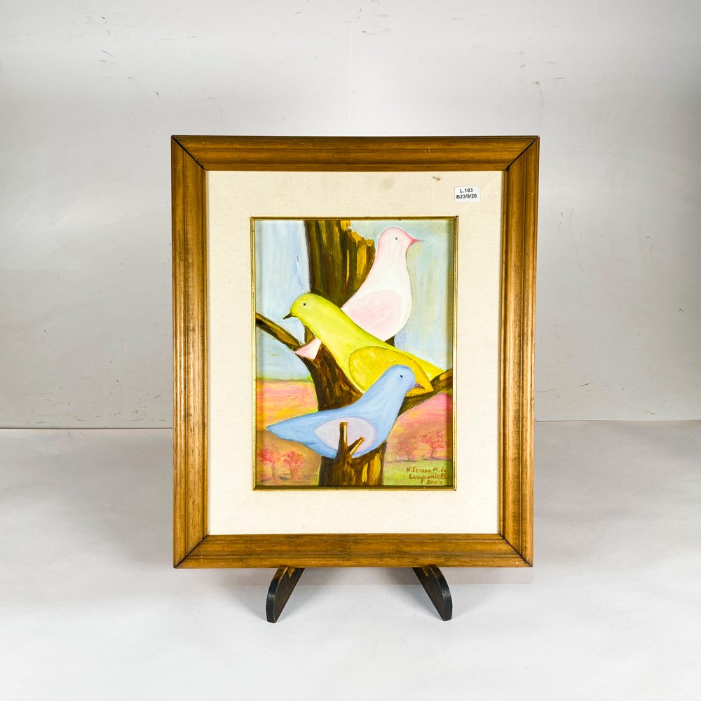 Cuadro al óleo sobre tela: Aves en árbol, firmado N. Teresa M. de Lampariello, 2003