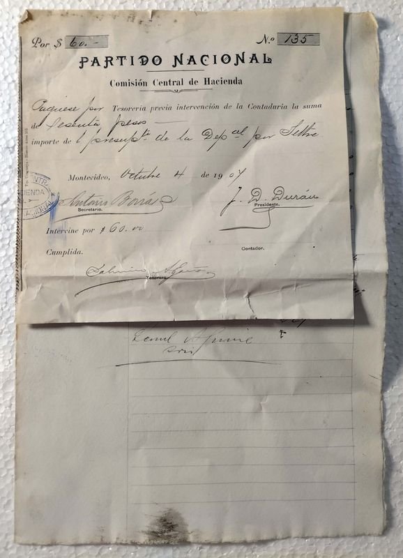 Recibo histórico del Partido Nacional de 1907