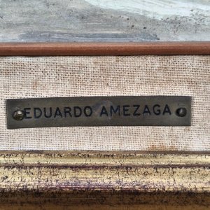 Eduardo Amezaga: Óleo sobre Fibra "Paisaje de Campo" con Marco Dorado - imagen 5