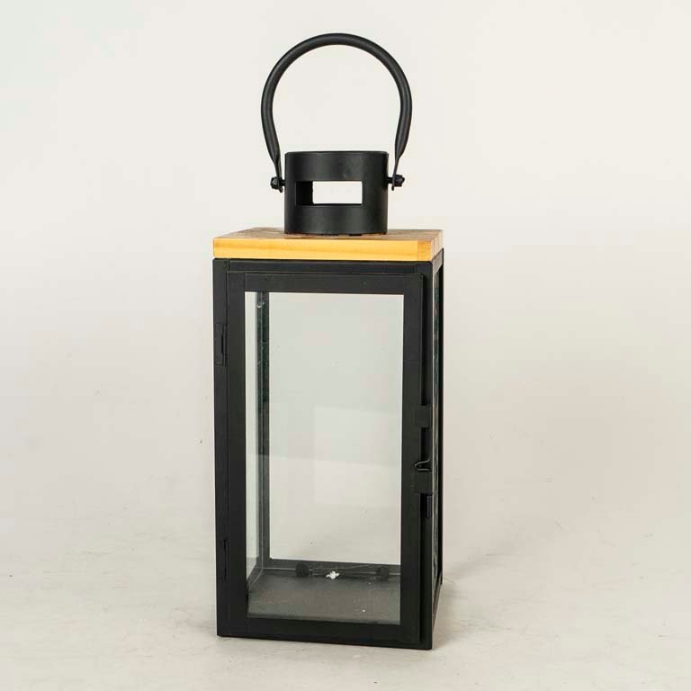 Farol de Metal, Vidrio y Madera con Asa - 29 cm