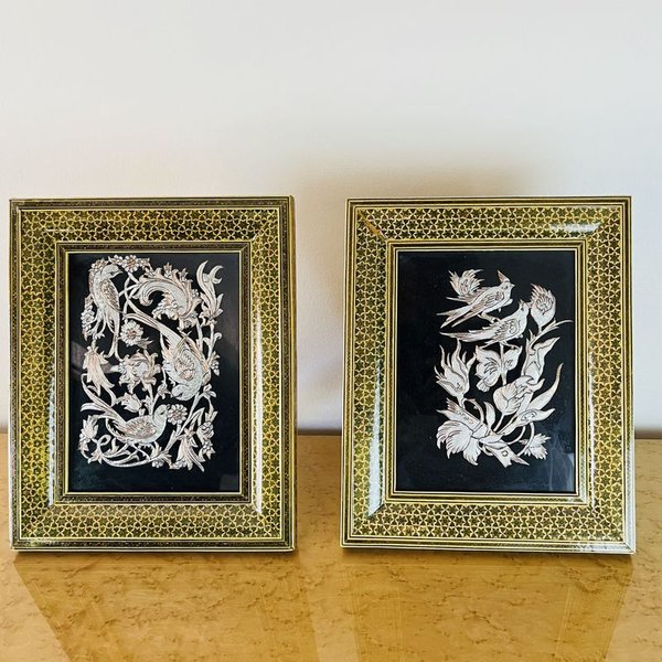 Cuadros iraníes con marco de madera y vidrio, motivo aves en relieve - imagen 1