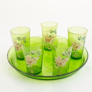Jarra, 5 Vasos y Bandeja de Cristal Veneciano Esmaltado Verde con Flores - imagen 2
