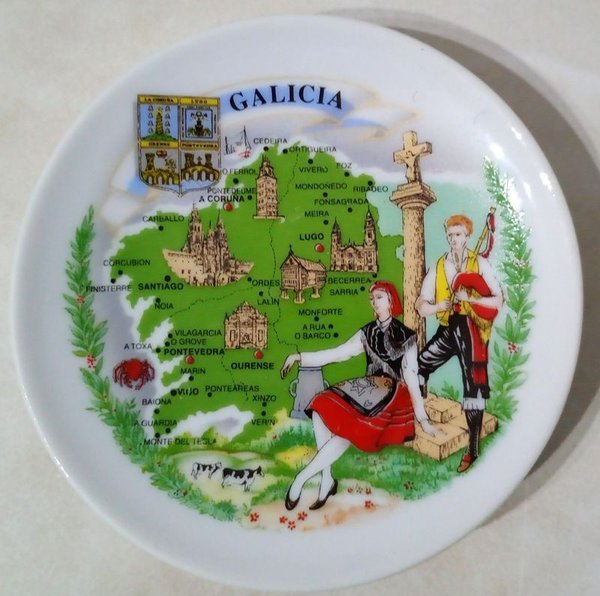 Platillo Decorativo "Galicia" Estilo Decó con Mapa y Figuras Típicas