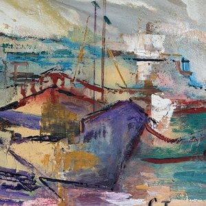 Óleo "Barcos en Puerto" de Corina Catarivas, 26x21cm - imagen 3