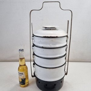 Antiguo Portavianda Enlozado Blanco con Base Calentador y Recipientes Apilables - imagen 2