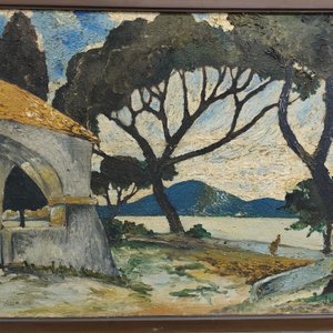 Oleo sobre Lienzo: Paisaje con Árboles y Mar, Firmado J. Hernández, Marco Tallado - imagen 6