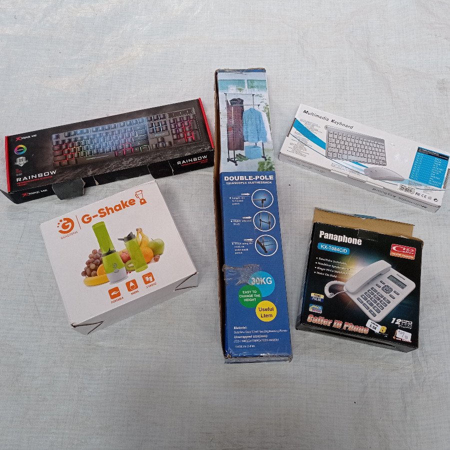 Cinco piezas: teclado gamer + kit de taclado y mouse + teléfono + perchero + juguera