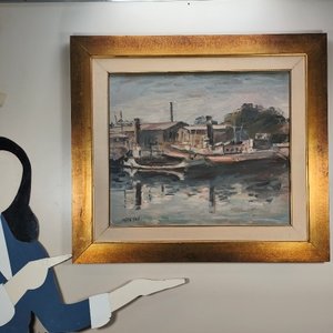 Óleo sobre lienzo "Puerto" firmado Dante Cola, con marco dorado - imagen 5