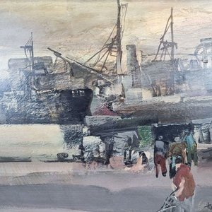 Pintura "Puerto con Grúas" de Hugo Nantes, Acrílico sobre Cartón, 82x68cm - imagen 3