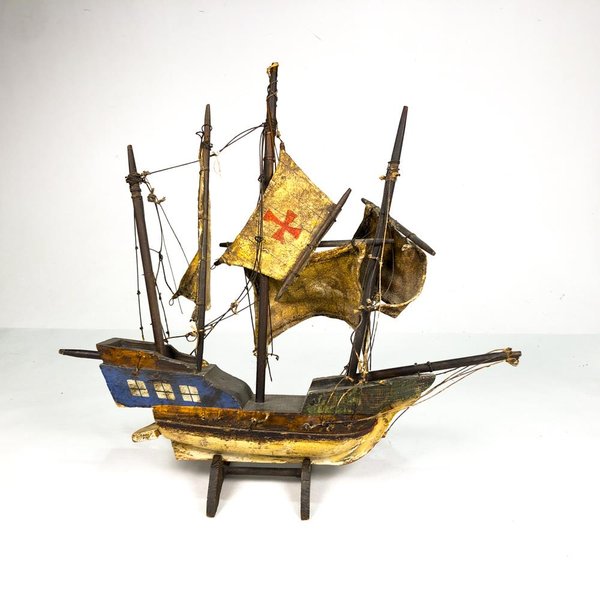 Barco Velero Antiguo de Madera, Azul y Dorado, 42 cm - imagen 1