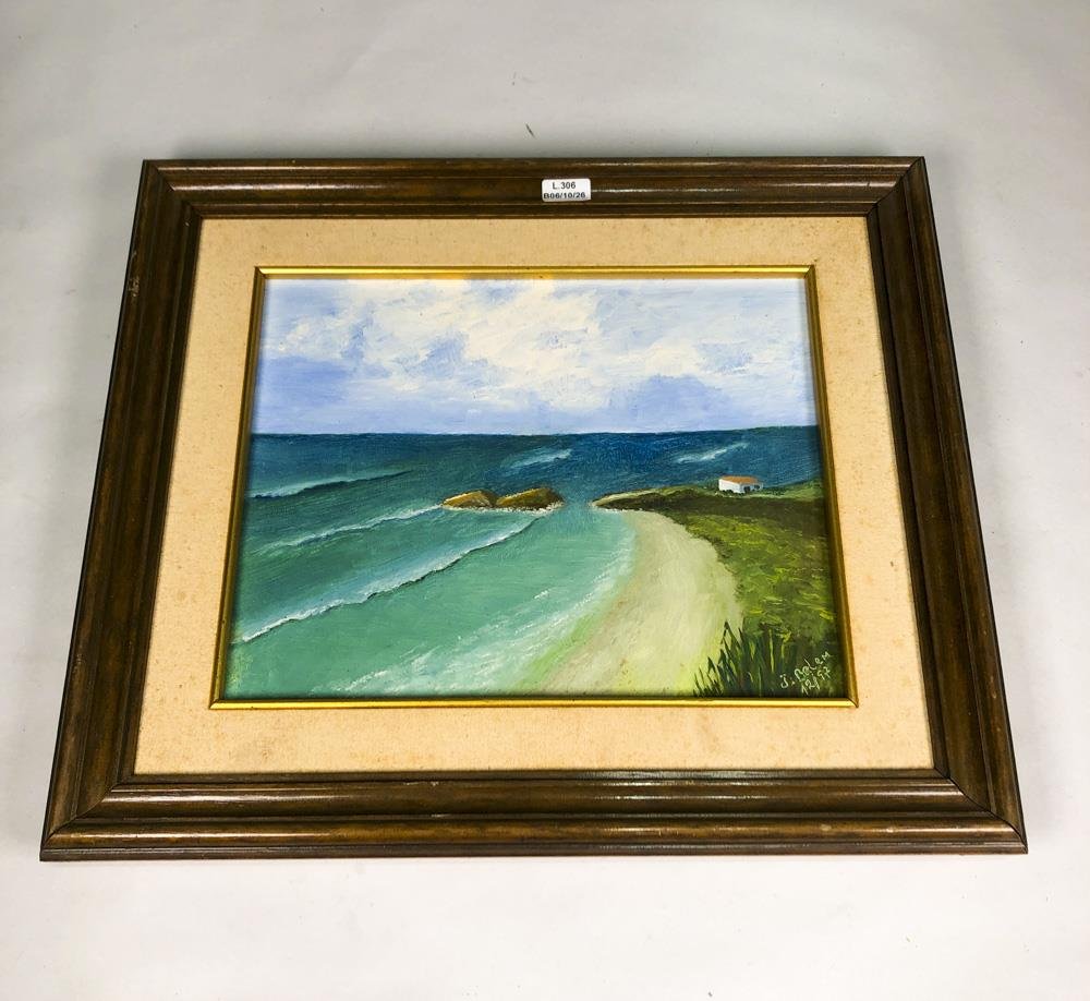 Cuadro al Óleo "Mar con Rocas" con Marco de Madera - Firmado J. Bolen 1977