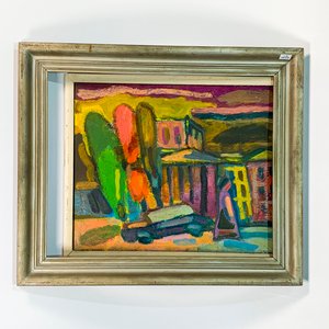 Lote siguiente: Cuadro al óleo sobre fibra: Casas y auto, 50 x 39 cm
