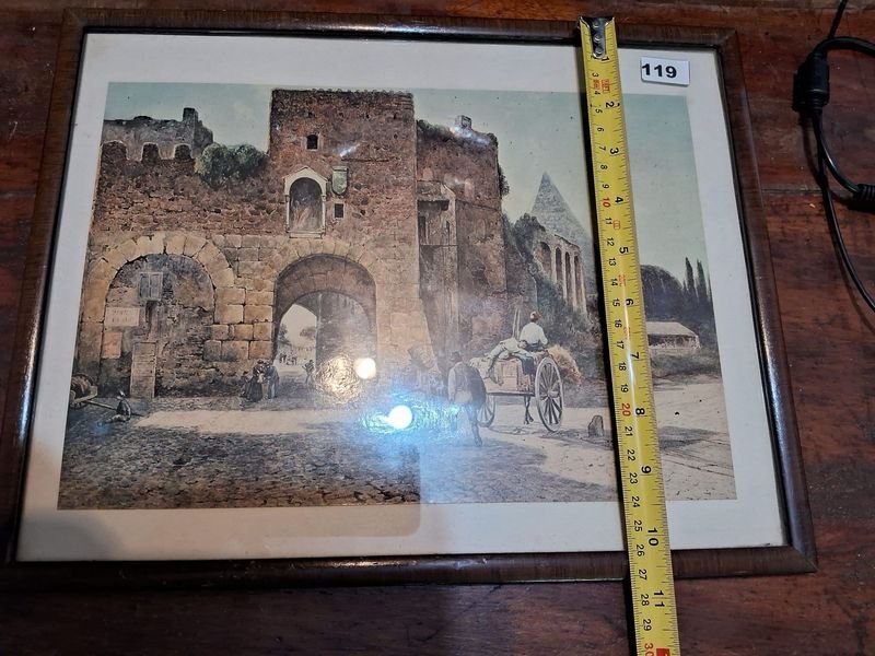 Pintura antigua de un castillo con caballos - imagen 3