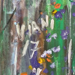 Pintura "Viani 17" Acrílico sobre Fibra: Escena Natural con Gato y Marco Plateado - imagen 6