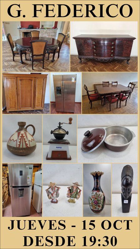 Muebles de comedor, heladera, cafetera y adornos antiguos