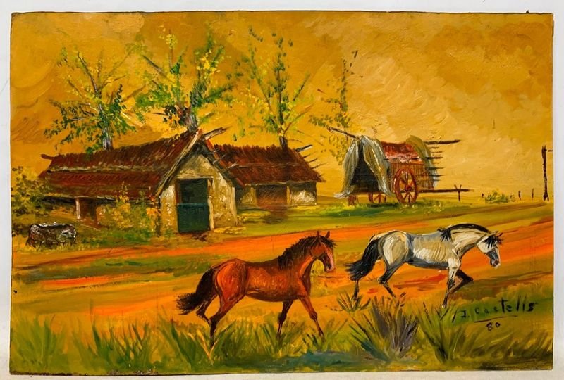 Óleo "Caballos" de Juan Castells, 50 x 74 cm