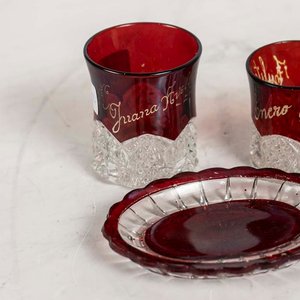 Juego de 3 Piezas de Cristal Checo Rubí con Grabados - imagen 2