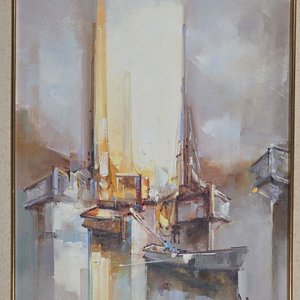 Óleo de Barcos y Puerto por Fernández Cabral - imagen 6