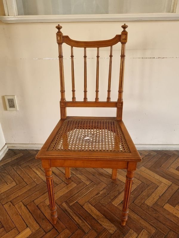 Antigua Silla de Comedor Estilo Sheraton en Madera Noble con Esterilla