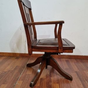 Antigua Silla Giratoria de Escritorio en Roble y Cuero - imagen 3