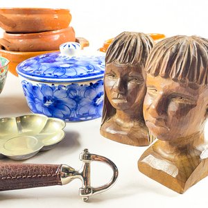 Lote de Busto de Madera, Cazuelas de Cerámica y Compotera Estilo Cantón - imagen 4