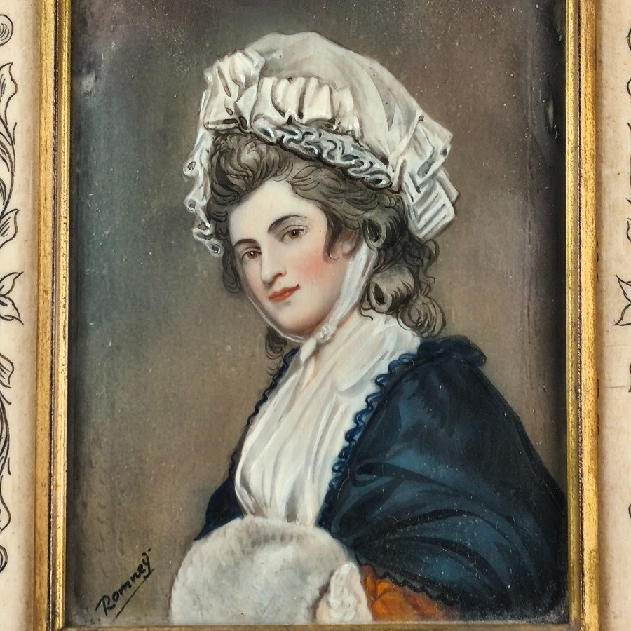 Miniatura pintada a mano por George Romney, retrato femenino con vestimenta de época - imagen 3