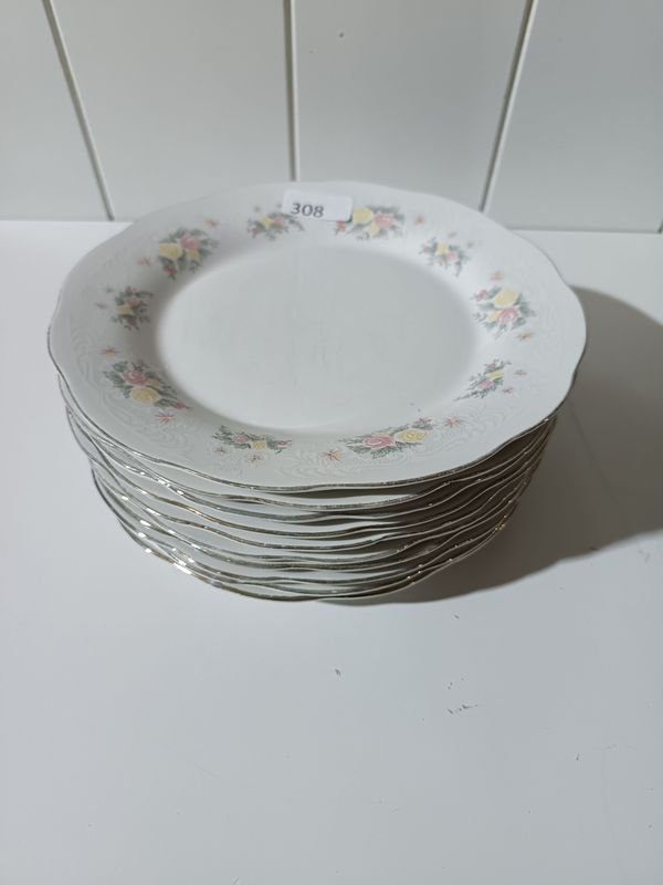 Lote de 10 Platos Llanos con Borde Dorado y Diseño Floral