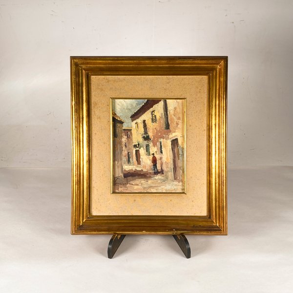 Cuadro al óleo anónimo: Escena de ciudad con figura humana, 22x17 cm - imagen 1