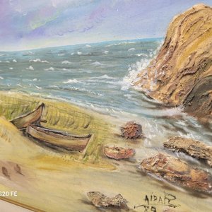 Cuadro al óleo: Playa con barcos y rocas, 72x62cm - imagen 7